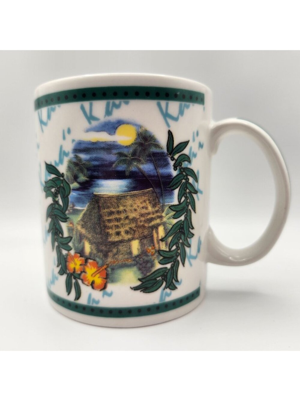 Hilo Hattie Ceramic Mug With Hawaiian Hut Full Moon Floral Design 12oz